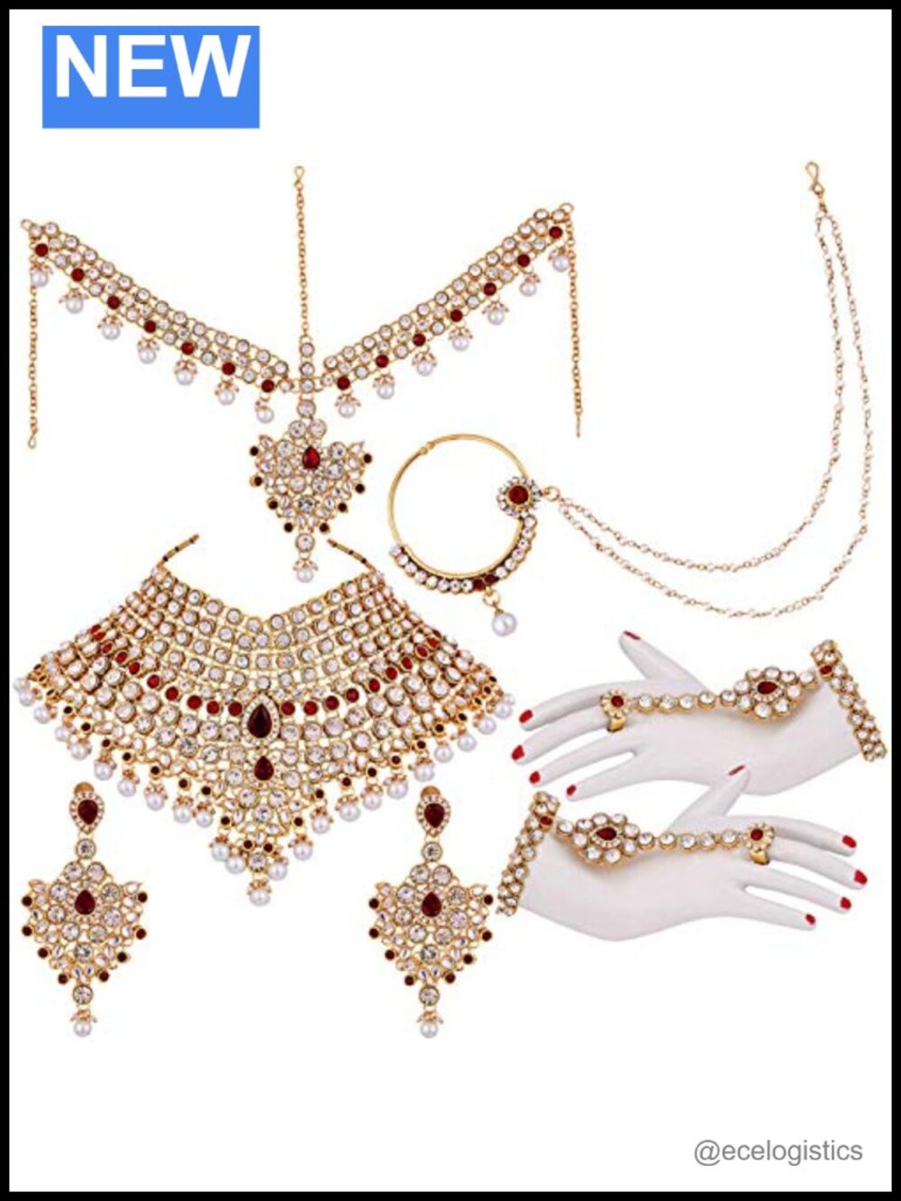 Bollywood Bridal Choker Necklace Matha Patti Nose Ring Haath Phool Set